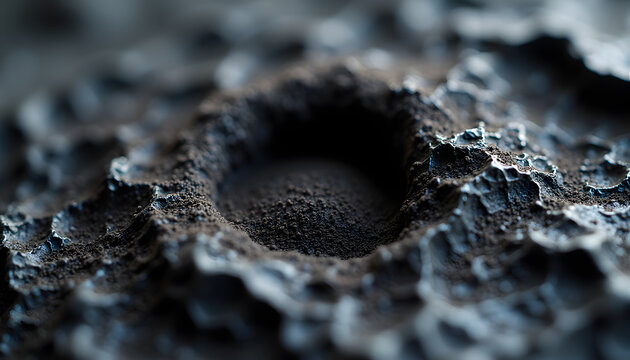 Dark Textured Surface Macro Detail with Central Depression