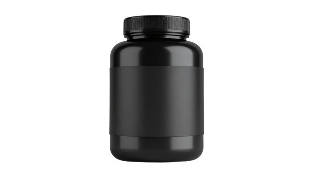 A professional black plastic bottle for sports nutrition or supplements as a PNG , isolated on transparent background. Ideal for branding, product packaging design, fitness ads, and health marketing.