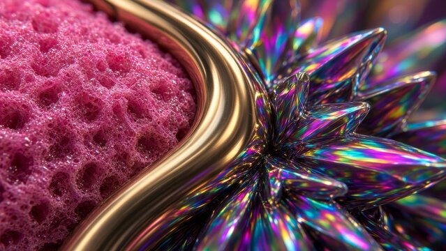 Sfondo macro astratto 3D con contrasto di texture: spugna rosa, onda metallica dorata e forme olografiche appuntite