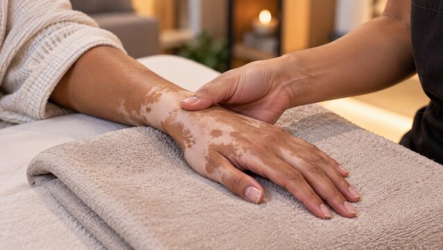 Close up of hand with vitiligo receiving massage therapy in spa highlighting skin condition diversity and wellness