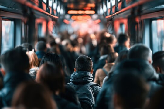 Commuters crowded inside a busy urban transit bus during rush hour with blurred city lights in the background creating a sense of motion and activity