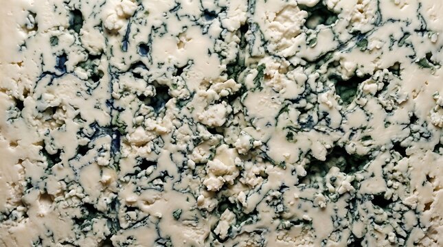Close-up macro texture of creamy blue cheese with intricate dark blue veins, porous surface, and uneven crumbly white dairy patterns