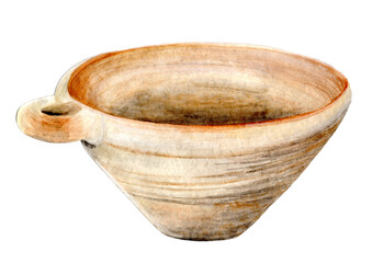 Median ceramic bowl with single perforated handle, Tepe Nush-i Jan Western Iran (7th century BC). Iron Age III pottery cup, ancient Median empire earthenware vessel. Artwork. © Sven