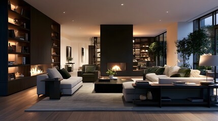 Obraz premium Modern minimalist living room with warm ambient lighting built in shelving and a central fireplace surrounded by comfortable seating
