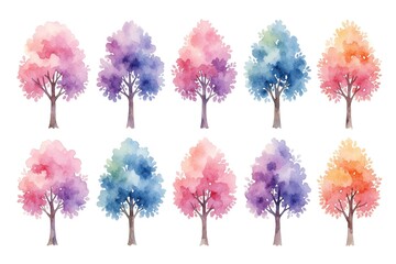 Fototapeta premium Ten watercolor trees with colorful foliage in pink purple blue and orange hues. Delicate washes create soft ethereal look perfect for spring or fantasy themes. Add touch of nature art to your designs.