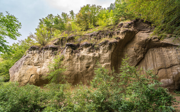 View of the cliffs and grottoes in Kislovodsk. Majestic rocky cliffs and towering trees against blue sky. View of the rocks in Kislovodsk, Russia.