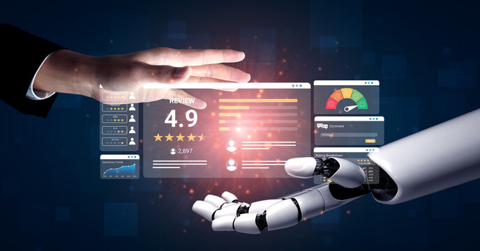 A human hand reaches to connect with a robotic hand while displaying digital reviews and metrics, symbolizing the blend of technology and user feedback in modern systems. Ledger