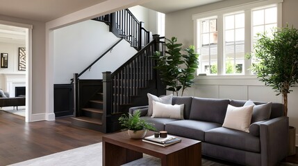 Obraz premium A modern living room with a gray sofa wooden coffee table and black staircase under natural daylight