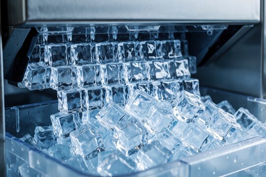 Macro view of automatic ice maker machine producing clear ice cubes. Cold frozen blocks fall into plastic container in food factory. Industrial equipment makes fresh chilled ice for beverage