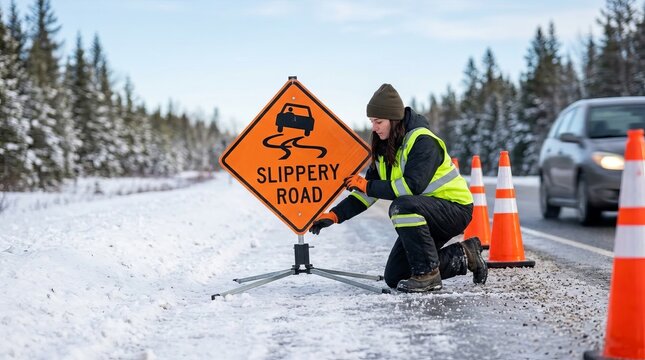 Road worker setting up slippery road warning sign on snowy highway, promoting winter driving safety