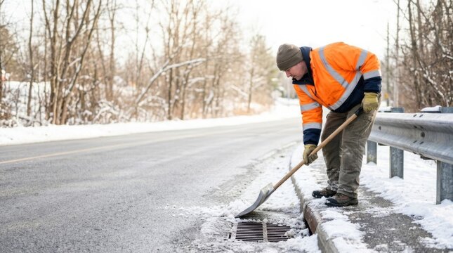 Worker clears snow from storm drain on highway verge, ensuring winter road safety and infrastructure maintenance