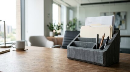 Fototapeta premium Modern dark stone desk organizer with pens and documents on a wooden desk in a bright, minimalist office