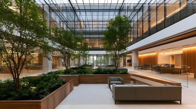 Modern glass atrium with indoor trees  wooden planters  and lounge seating under natural light