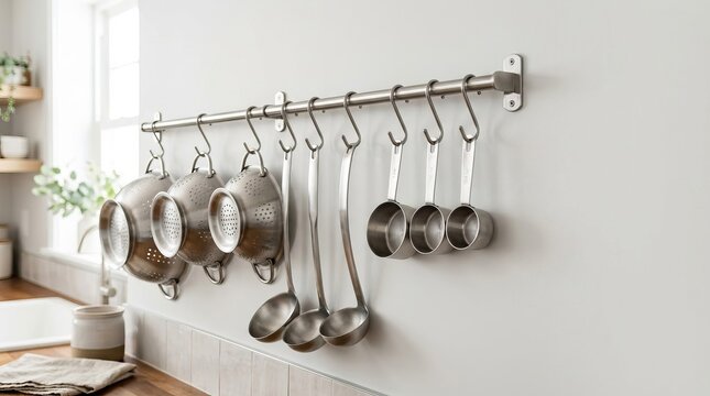 Organized kitchen utensils on a rail: colanders, ladles, and measuring cups for a clean, contemporary aesthetic with copy space