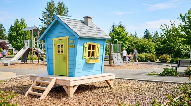 Bright blue children's playhouse with green door on playground platform, evoking imagination and joyful outdoor play