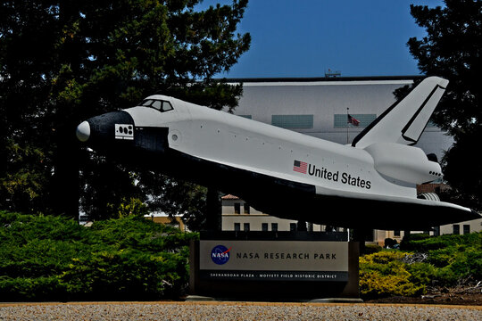 Large scale Space Shuttle used as wind tunnel model for low-speed aerodynamics, stability, and handling tests, now greets visitors at NASA Ames Research Park, Santa Clara County, California 
