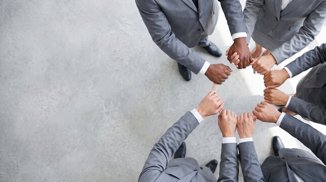Diverse business team in gray suits joining hands in a circle, top vie