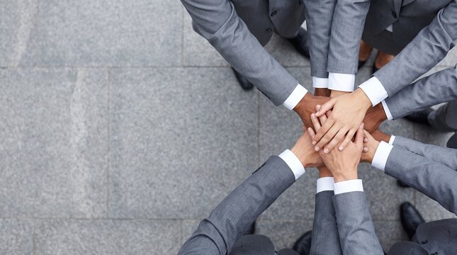 Business team stacking hands together in unity gesture on stone floor,