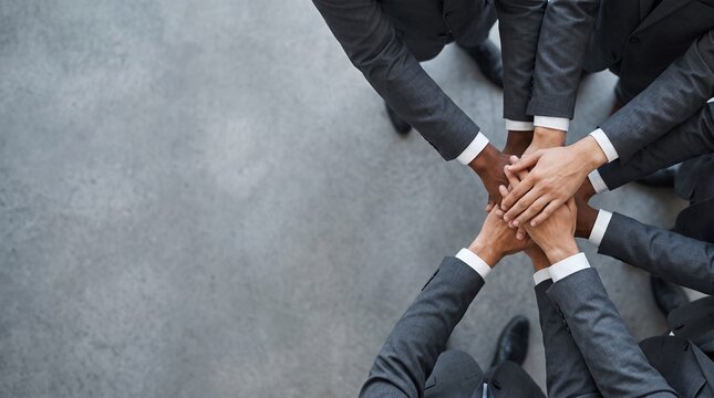 Diverse business team stacking hands together in circle, top-down view