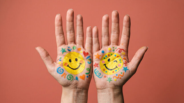 Two open hands with painted yellow smiley faces and colorful symbols on a pink background