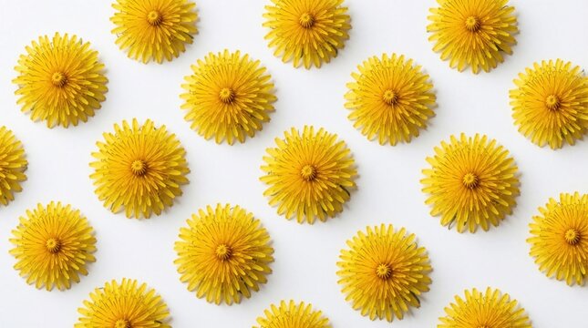 Bright yellow dandelions arranged in neat rows on a clean white surface. Floral pattern repeats with radial symmetry, creating a vibrant, graphic design element for spring or summer themes.