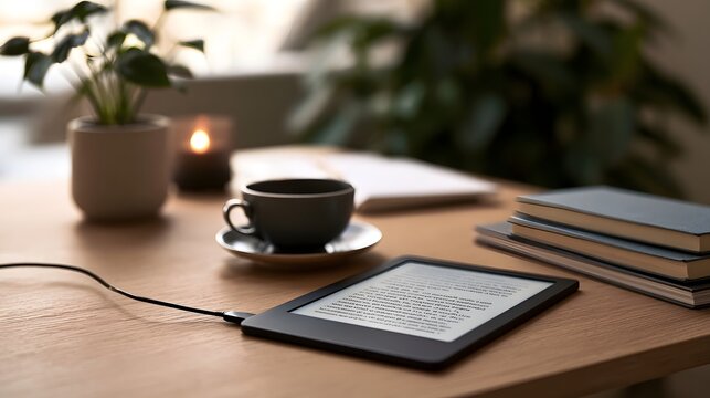 A cozy reading setup with an e reader  coffee cup  candle  and potted plants on a wooden table