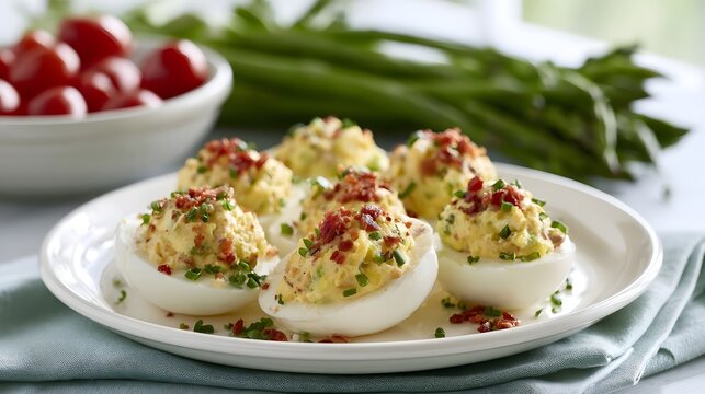 A plate of bacon and chive deviled eggs with cherry tomatoes and asparagus in the background