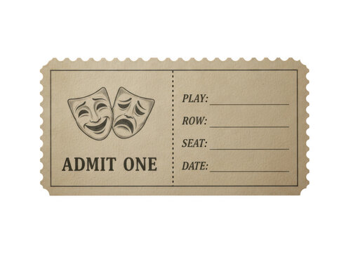 A single paper theater admission ticket with comedy and tragedy masks icon printed on rustic brown card stock