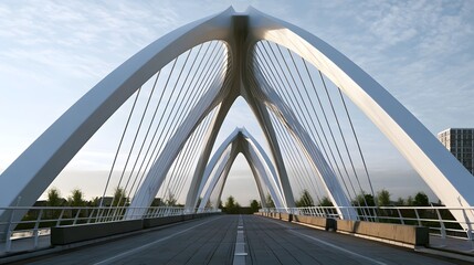Naklejka premium A modern white arch bridge with cable supports spans a roadway under a partly cloudy sky viewed from the center of the road