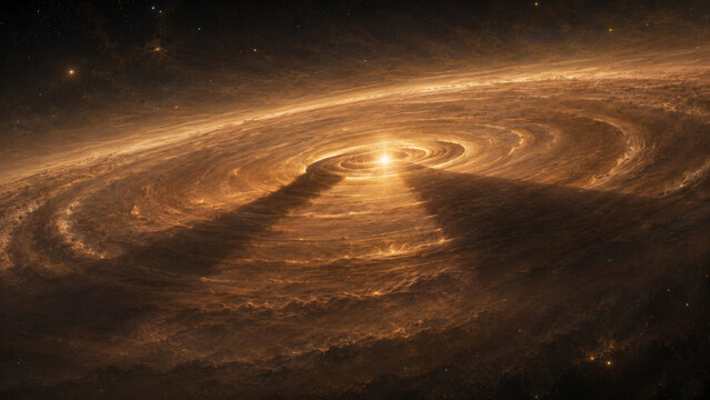 A young star burns inside a vast golden disk of dust and gas where new planets may form, connecting solar system formation and protoplanetary disk with science education and cinematic design
