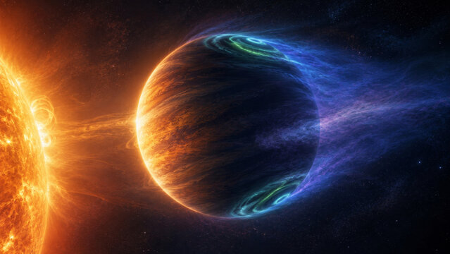 A dark blue planet passes close to a blazing star as streams of charged light sweep across its atmosphere, connecting solar wind and magnetosphere with science education and cinematic design

