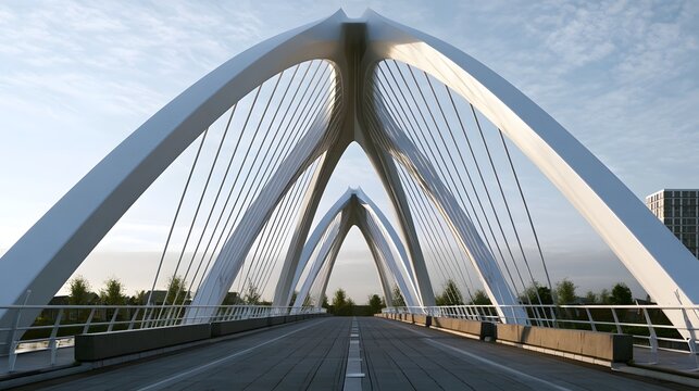 A modern white arch bridge with cable supports spans a roadway under a partly cloudy sky  viewed from the center of the road