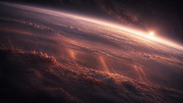 A glowing sunrise reveals red ridges and smoky terrain across a hostile volcanic planet, presenting volcanic exoplanet, alien dawn and extreme environment for publishing and editorial use
