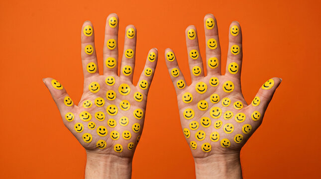 Two human hands covered in yellow smiley face stickers against orange background