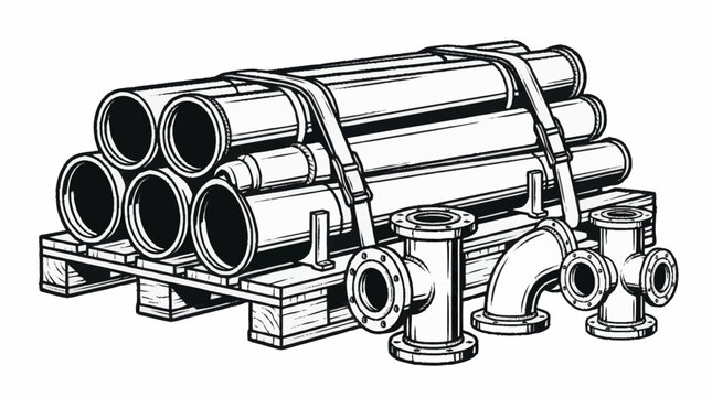 Minimalist Black and White of Industrial Pipes Valves and Fittings on Wooden Pallets with high quality professional line art symbols for modern creative design and digital branding projects