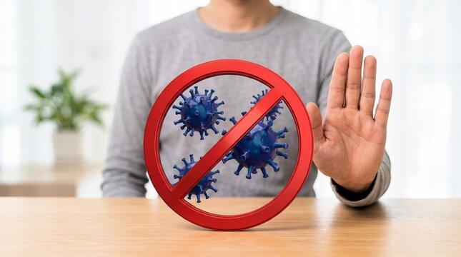 Concerned person shows a stop gesture to blue virus cells trapped inside a red circle symbol of forbidden viral infection