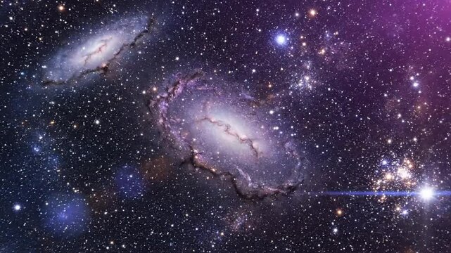 Mesmerizing galactic embrace two spiral galaxies and countless stars against a deep purple space backdrop