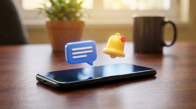 Blue 3d chat message bubble icon and yellow notification bell floating above a sleek black smartphone screen with sparkles