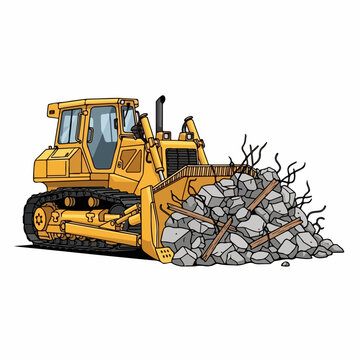 Yellow bulldozer clearing rubble in vector illustration. Heavy bulldozer pushing concrete debris and rocks during demolition. Industrial bulldozer graphic element for construction banner.