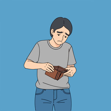 Sad man holding empty wallet illustrating financial struggle and lack of money in vector illustration. Broke person looking inside wallet for savings in business crisis. Concept poverty for banner.