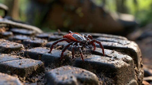 Red and black arachnid walking on textured rugged tire surface with blurred natural background in outdoor setting