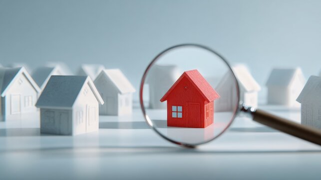 Magnifying glass focusing on a red miniature house among a group of white houses representing real estate search and property selection concept