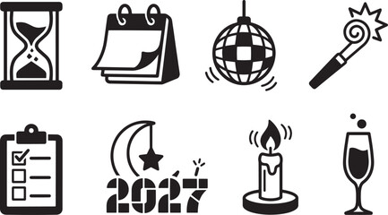 Fototapeta premium Set of 2027 New Year celebration, time management, and party vector icons