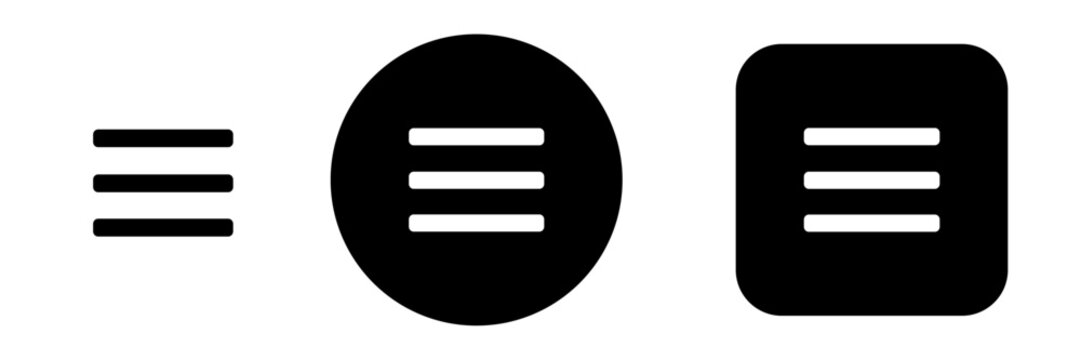 Menu button icon set with solid hamburger menu symbols. Sidebar and navigation control icons for more options, app and web interfaces