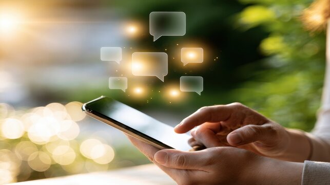 Person engaging in texting on a smartphone with glowing chat bubbles appearing above the screen symbolizing online communication and digital messaging interacti