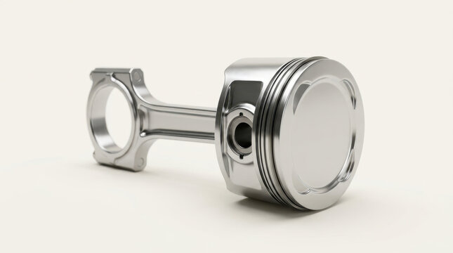 Chrome piston and connecting rod isolated on clean white studio background with polished metal surface and mechanical detail