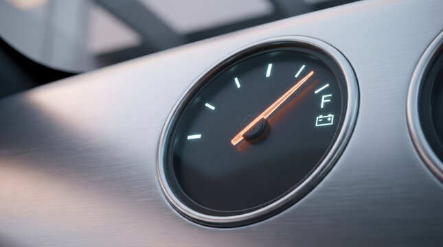 Close up glowing fuel gauge needle moving toward full, creating focused automotive dashboard detail with metallic texture and clean design