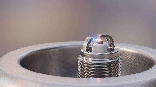 Spark plug ignition engine part metal chamber electric spark automotive component glows during ignition testing reflective metal chamber