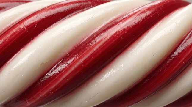 Close-up of a twisted candy cane texture with alternating diagonal stripes of glossy dark red and creamy white, showing a smooth, hard sugar surface
