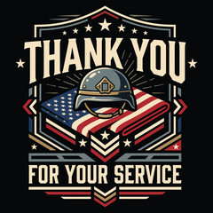 Fototapeta premium Thank You For Your Service Military Helmet Folded Flag Veteran T-shirt Vector